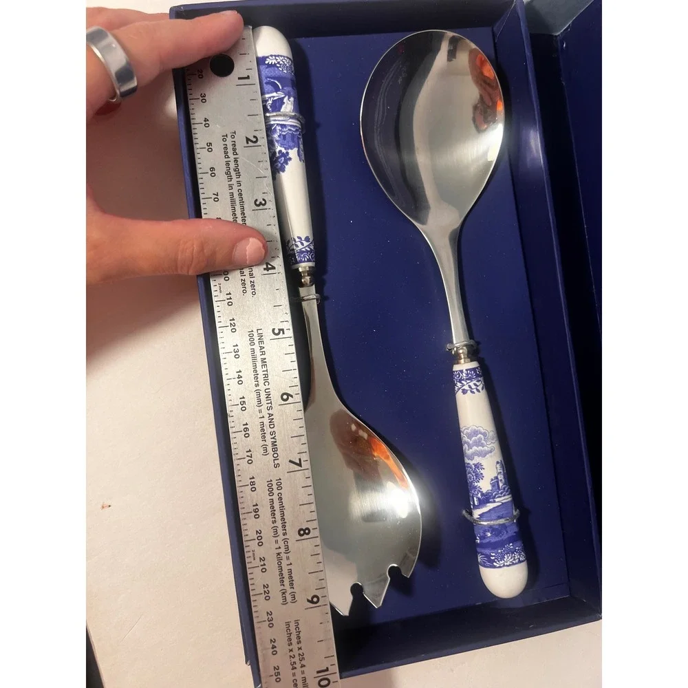 Spode Blue Italian Salad Servers Set Stainless Steel Ceramic Handles BLI1107-X